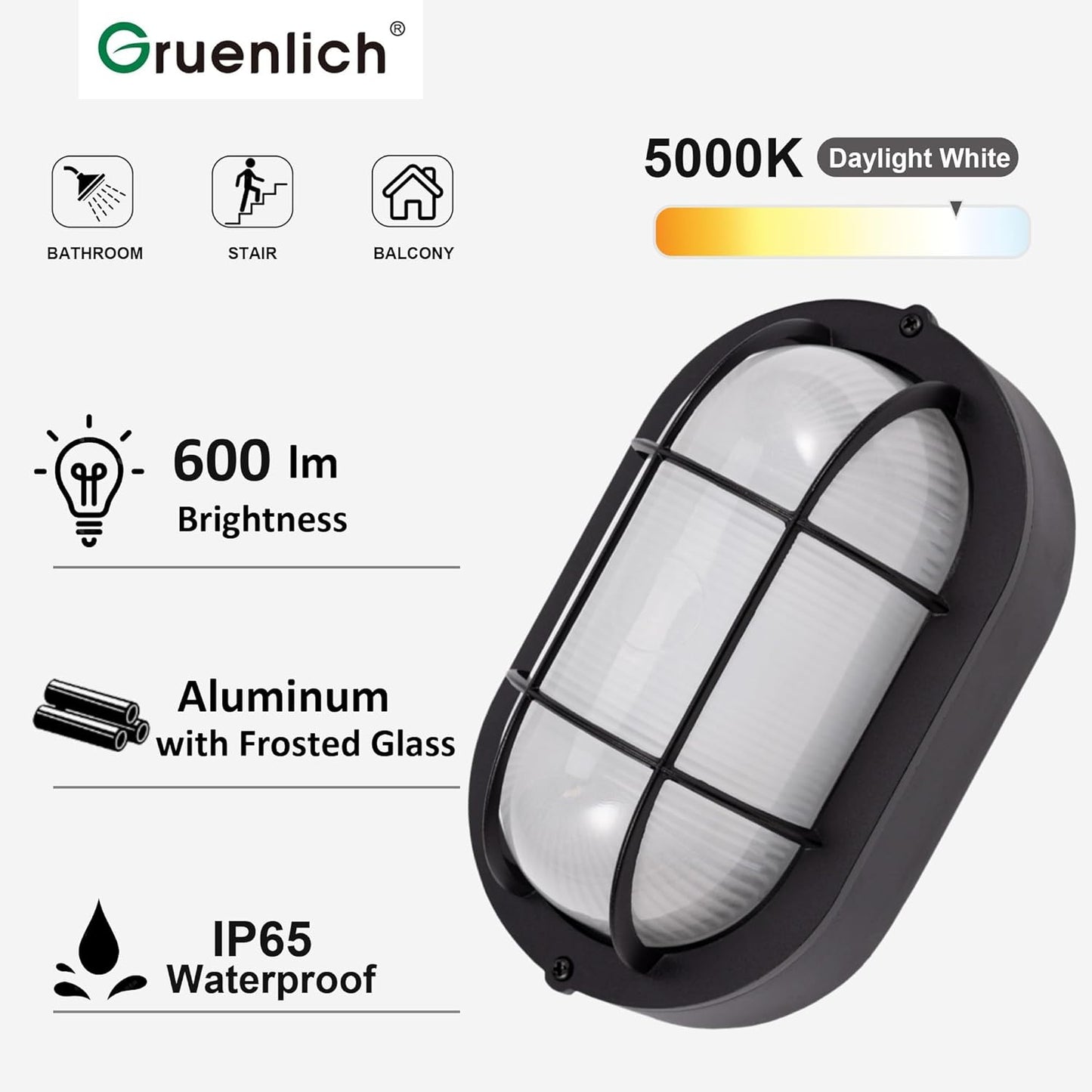 LED Bulkhead Light, Flush Mount for Wall or Ceiling, 6W, 600 Lumen, Dimmable 5000K Daylight White, Water-Proof for Outdoor, Black Finish 1-Pack