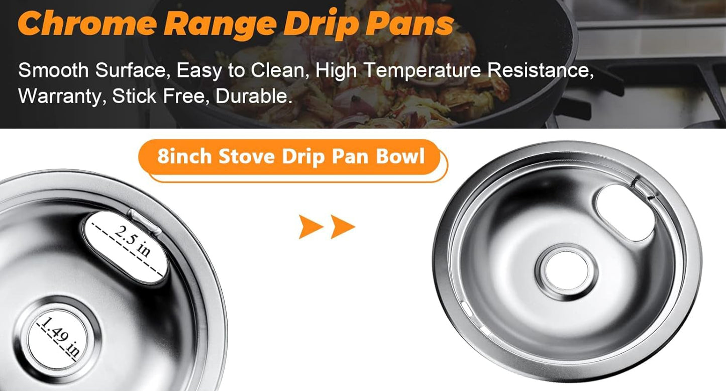 Chrome Drip Pans - Compatible for Whirlpool Electric Range Burner 8-Inch Electric Stove Drip Pans