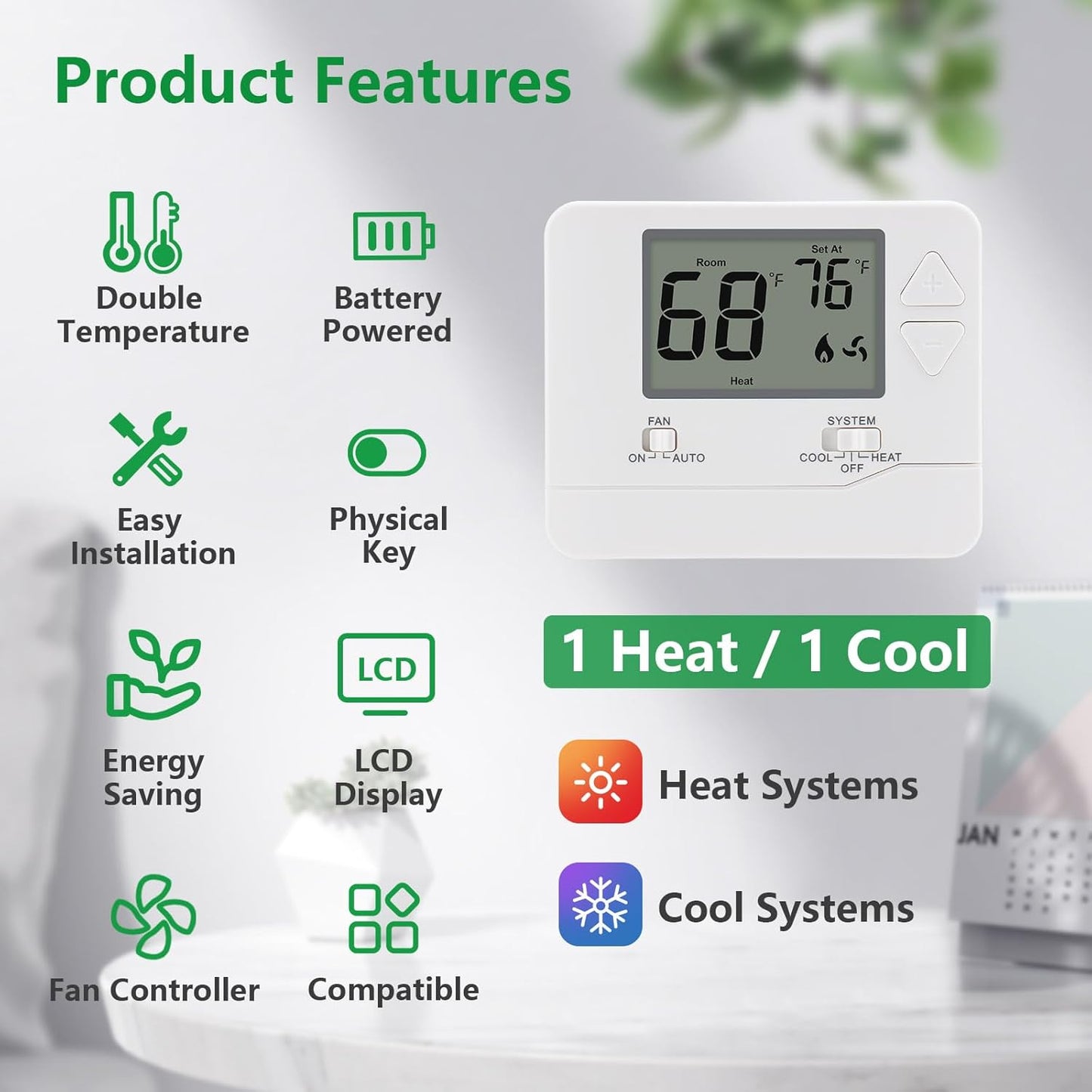 Non-Programmable Digital Thermostat for Home, up to 1 Heat/1 Cool with Large LCD Display, Compatible with Single Stage Electrical and Gas/Oil System, White