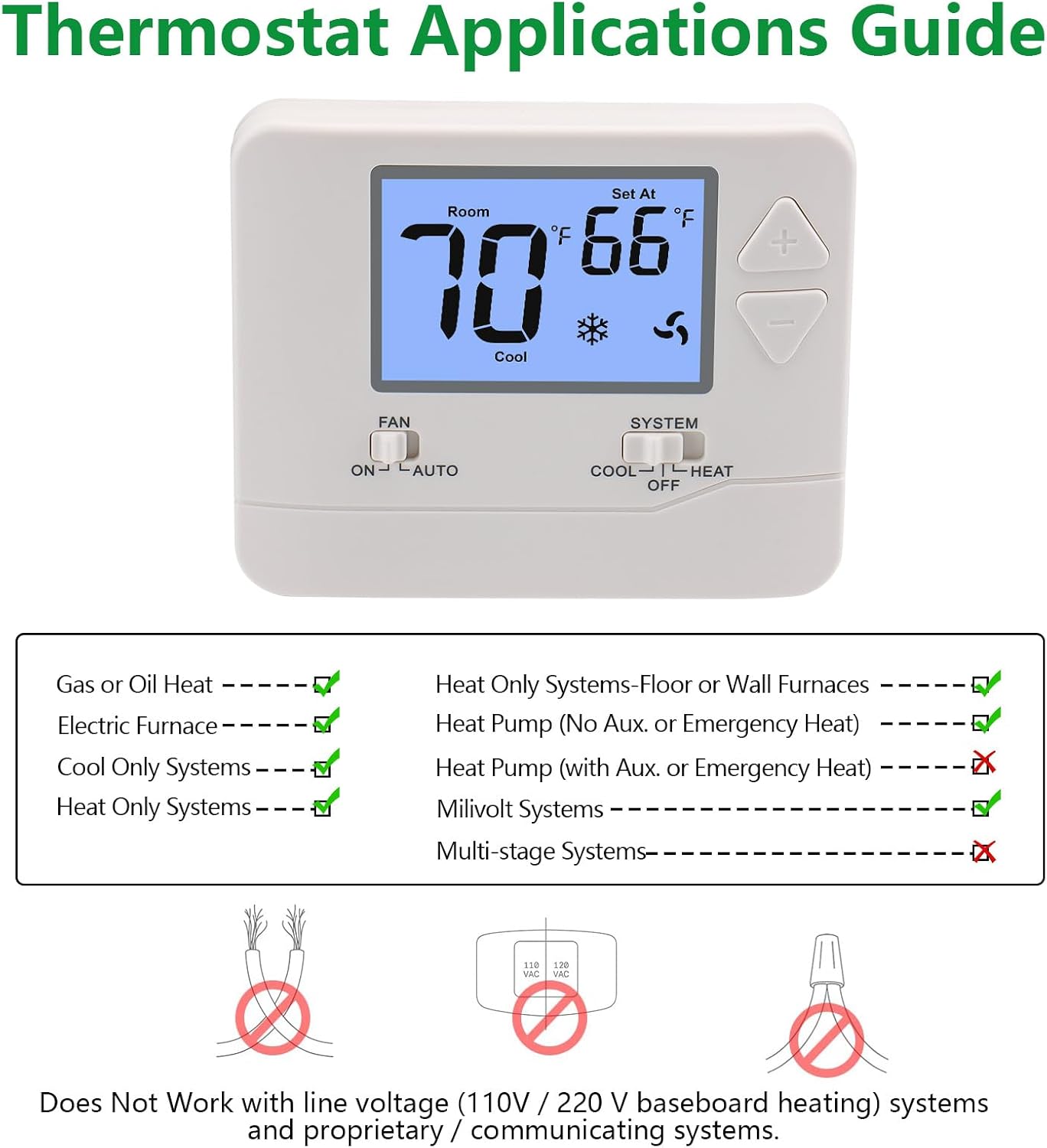 Non-Programmable Digital Thermostat for Home, up to 1 Heat/1 Cool with Large LCD Display, Compatible with Single Stage Electrical and Gas/Oil System, White