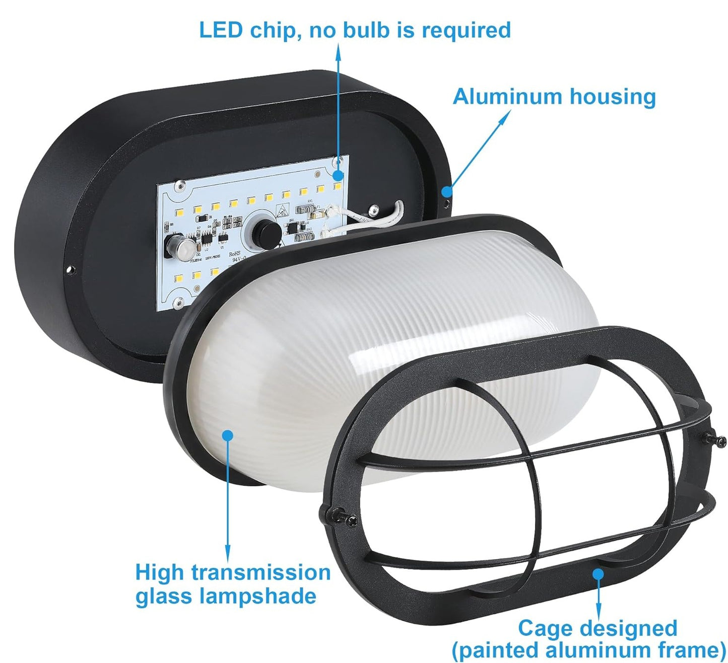 LED Bulkhead Light, Flush Mount for Wall or Ceiling, 6W, 600 Lumen, Dimmable 5000K Daylight White, Water-Proof for Outdoor, Black Finish 1-Pack