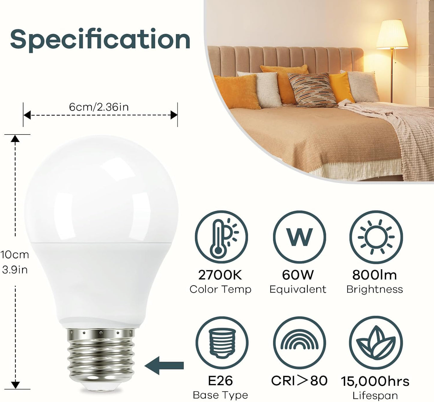 A19 LED Light Bulb, 60W Equivalent, 9W 2700K Soft White Light Bulbs, 800 Lumens Non-Dimmable LED Bulbs, E26 Standard Base, Energy Efficient UL Listed for Bedroom Home Office